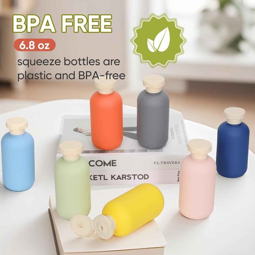 UMETASS 4 PACK 6.8 oz Plastic Travel Shampoo Bottles, Refillable Flip Cap Squeeze Bottles for Toiletries, Large Leakage-proof Travel Shampoo and Conditioner Container