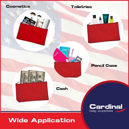 Cardinal bag supplies Multipack of 2 Compact Zipper Cloth Pouches, Zipper Bag, Travel Toiletry, Cosmetics, Stationary Case, 11 x 6 inches (Red)