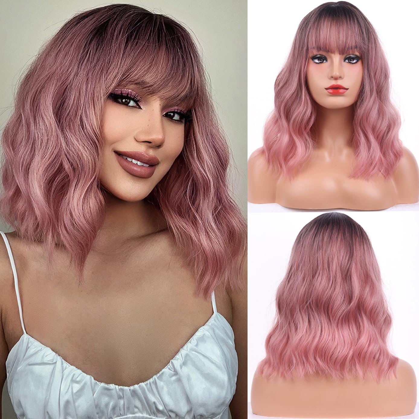 BERON Ombre Pink Wigs Short Curly Bob Wig with Bangs Ombre Color Wavy Hair Wigs Women's Synthetic Wigs Daily Party Use