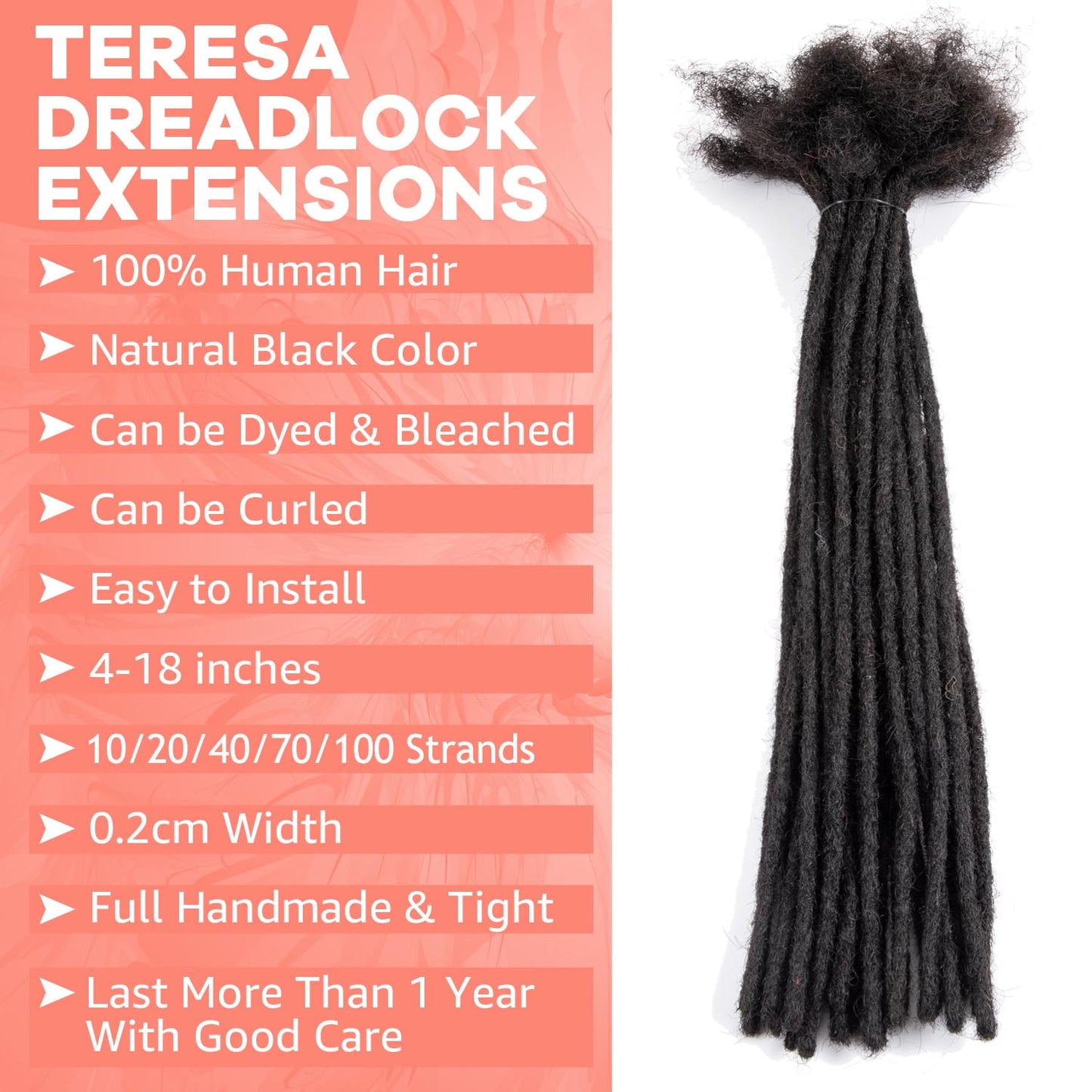 Teresa 12 Inch 0.2cm Width Loc Extension Human Hair Natural Black 60 Strands Full Hand-made Permanent Locs Extensions Can Be Dyed and Bleached for Men/Women/Kids Real Dreadlock Extensions Human Hair