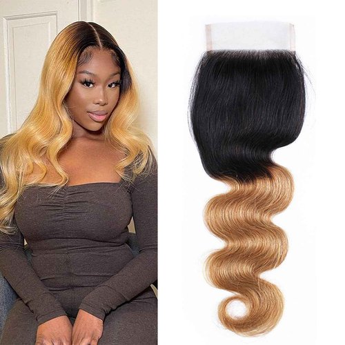 4x4 Lace Closure 1B27 Omber Closure 4x4 Lace Closure Ombre Free Part 1B27 Body Wave Lace Front Closure Brazilian Human Hair Extensions Preplucked Bleached Knots Wet And Wavy 16 Inch