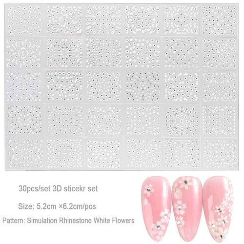 Flowers Nail Art Stickers 3D Self Adhesive Nail Art Supplies White Flower Stickers with Rhinestones Nail Design Floral Blossom Nail Decals for Nails Decorations Manicure Accessories 30Sheets