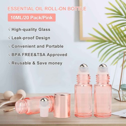 DMuuuDM 1/6 oz Pink Essential Oil Roller Bottle,20 Pcs Empty Glass Roll-On Vial with Stainless Steel Roller Ball,Rose Gold Lid,Portable Sample Container for Oils-Opener&Dropper Included