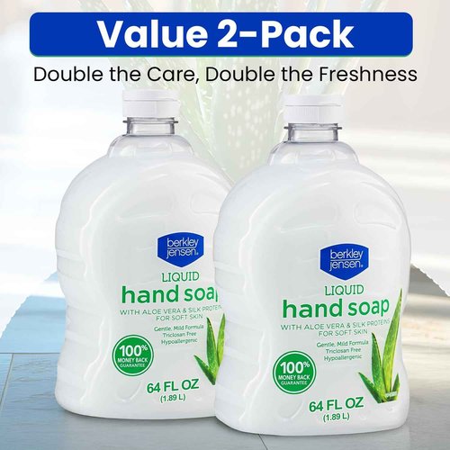 Berkley Jensen Hand Soap Refills, Liquid Soothing Aloe Vera Moisturizing Refill 64 Fl Oz (Pack of 2) Silk Proteind Soft Soap for Soft Skin