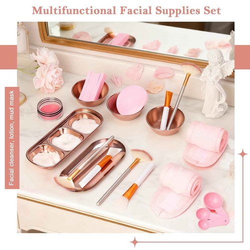 28 Rose Gold Facial Supplies 3 Facial Mask Mixing Bowls 3 Facial Fan Brushes 3 Mask Applicator Brushes 3 Mask Measuring Spoons Skincare Tray 3-Compartment Tray 12 Facial Sponges 2 Spa Headbands
