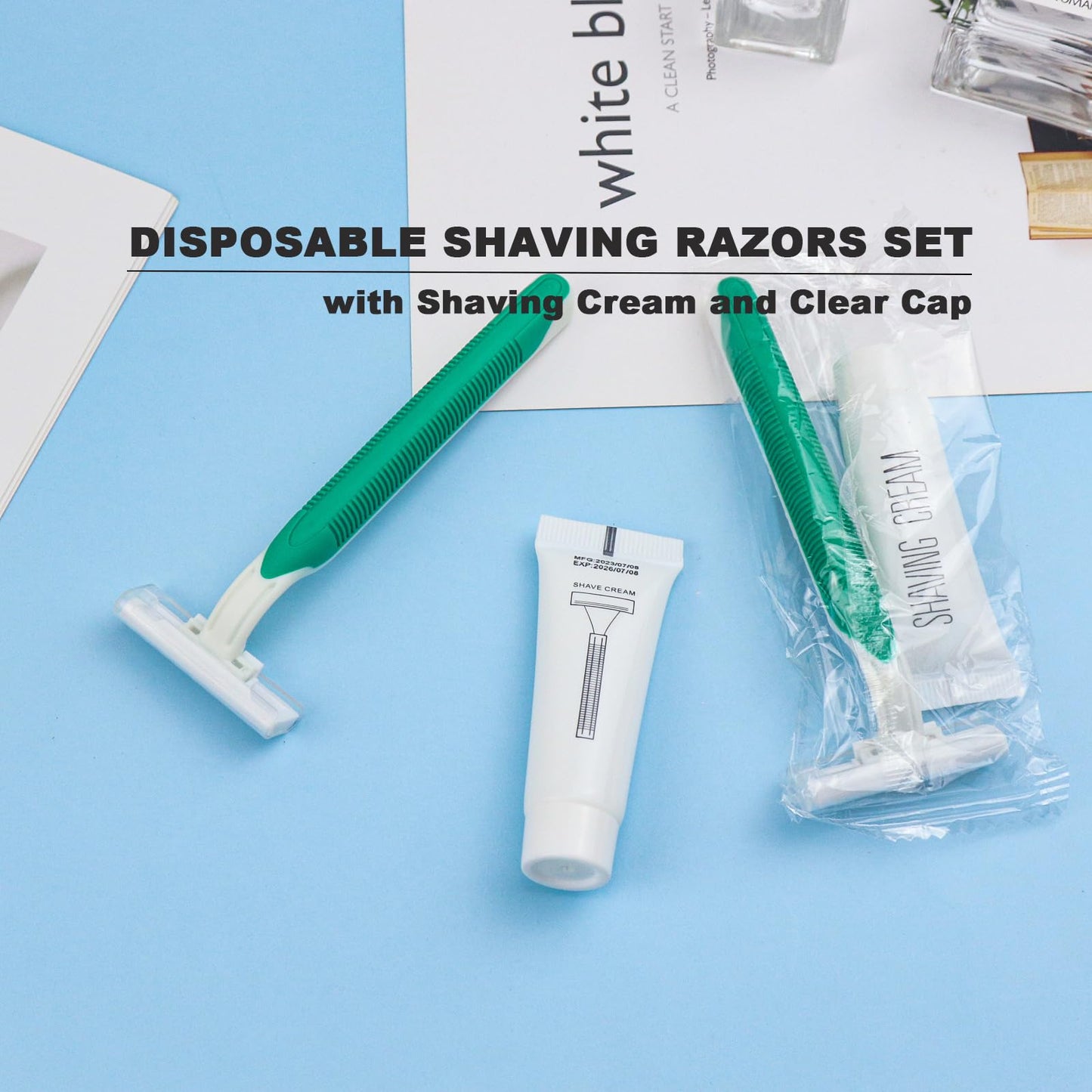 Disposable Razors in Bulk Pack of 120,Green Disposable Shaving Razor Individual Wrapped Twin Blade Bulk Disposable Razors with Clear Cap and 10g Shaving Cream for Homeless,Hotel,Travel,Charity,Shelter