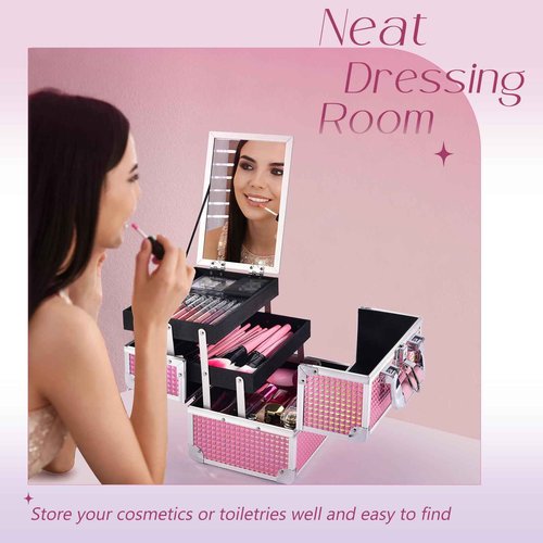 Joligrace Makeup Train Case Makeup Case Organizer Portable Cosmetic Box Storage with 2 Trays Mirror Locking Make Up Travel Case for Nail Kits Cosmetics Craft Traveling Makeup Box Mermaid Pink