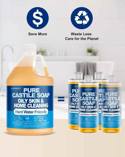 FLOWHYET Pure Castile Soap Liquid Unscented 1 Gallon(128 fl oz) Refill, Organic Body Wash Bath Soap Vegan Castile,Hard Water Oily Skin Friendly for Body, Face, Hand, Multi-Purpose Home Cleaner