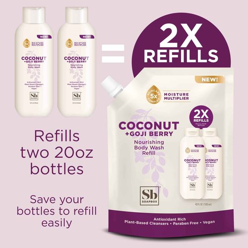 Soapbox Body Wash Refill, Coconut + Goji Berry Body Wash Refill Pack, Bulk Soap Pouch, Vegan + Antioxidant Rich Moisturizing with Shea Butter, Peptides & Keratin Promoting B3, 40oz