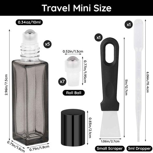 Segbeauty 0.34oz Empty Rollerball Bottles for Oil, 10ml Glass Roller Bottles for Essential Oils, Pack of 5 Clear Black Travel Size Roller Ball Applicator Leakproof, Travel Perfume Bottle Refillable