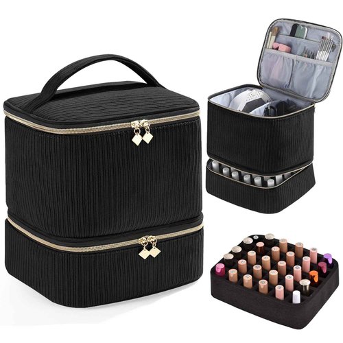 Corduroy Nail Polish Organizer and Nail Lamp Case, Nail Kit Organizer Holds 30 Bottles (15ml - 0.5 fl.oz) and a Nail Lamp, Nail Polish Carrying Case with Manicure Tools Storage Sections (Black)
