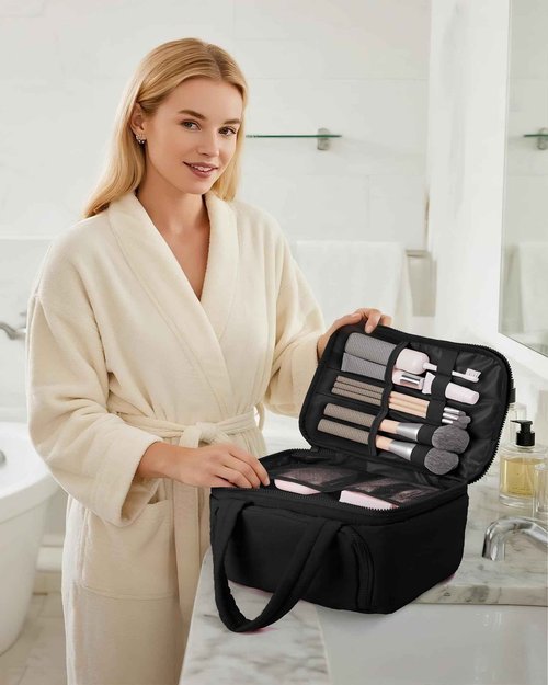 HOTOR Travel Toiletry Bag - Wide-Open Toiletry Bag for Women, Multi-Pocket Makeup Bag for Travel Essentials, Wet & Dry Separation Travel Accessories for Trip, Gym, 11.4" x 5.9" x 8.3", Black