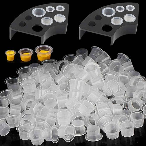 Tattoo Ink Caps Kit - Yuelong 300pcs Mixed Tattoo Caps with 2 Cups Holder Kit Disposable Pigment Caps Cups Plastic Permanent Makeup Ink Cups Holder Container Caps Tattoo Ink Supplies