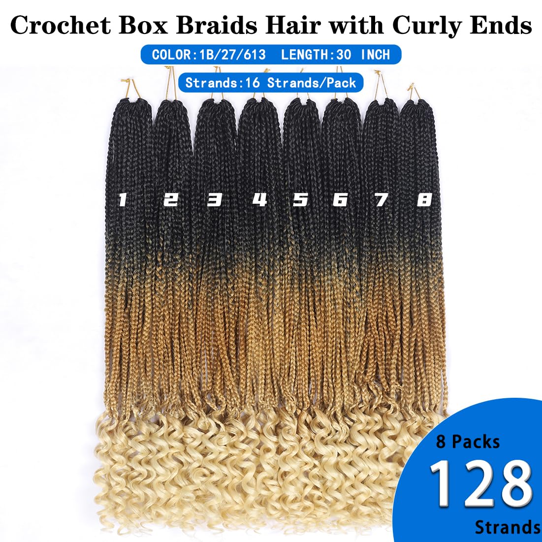 8 Packs 30 Inch Crochet Box Braids Hair with Curly Ends Pre looped Goddess Box Braids Crochet Hair Box Braids Braiding Hair Crochet Braids Hair for Women(30 inch,1B/27/613)