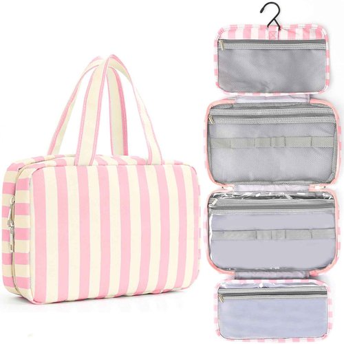 Apxouans Toiletry Bag for Women Travel Water-resistant Cosmetic Bag Fashion Stripes Makeup Bag with Hanging Hook Preppy for Store Toiletries Cosmetic Accessories Large Capacity Pink