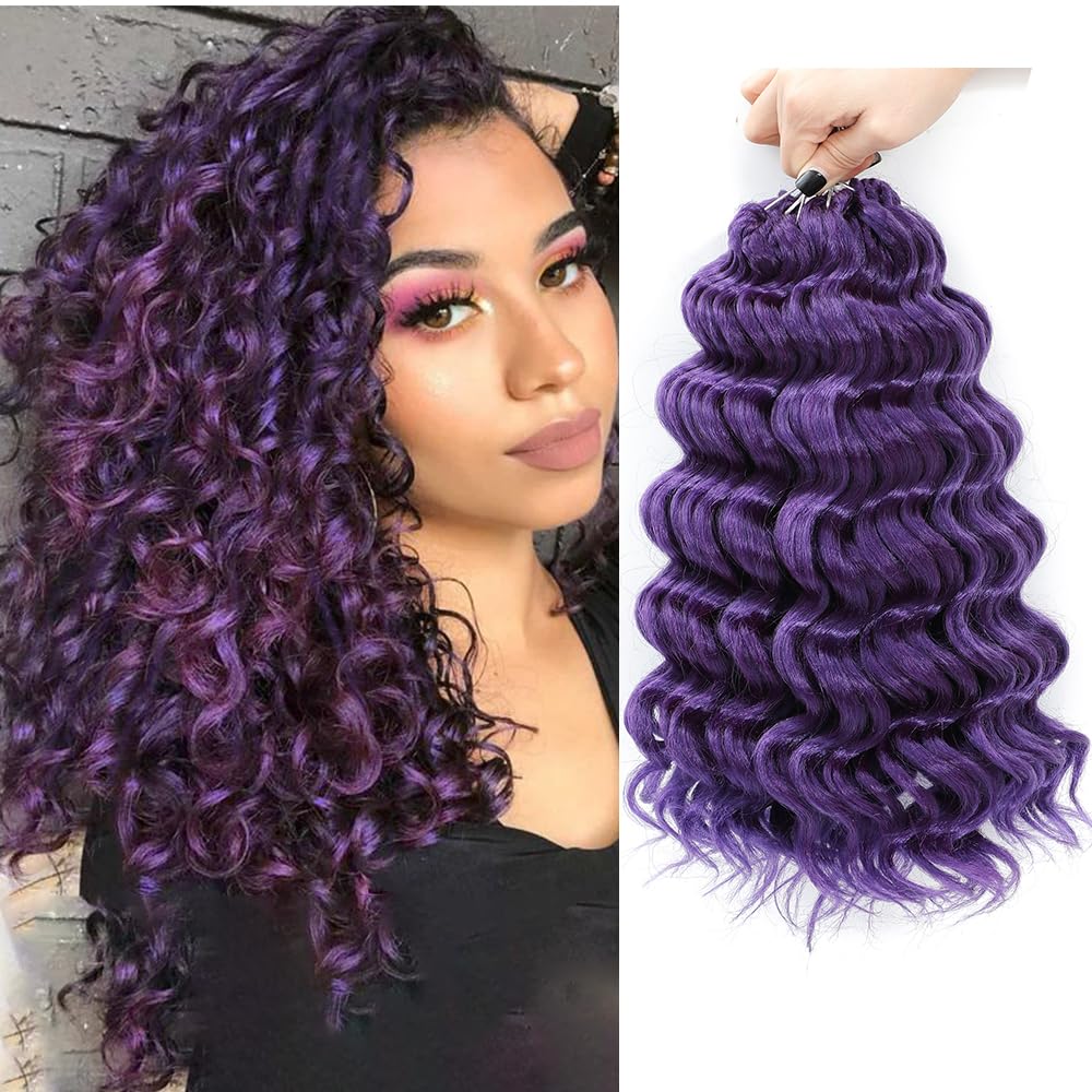 Ocean Wave Crochet Hair 12 Inch 8 packs Deep Wave Crochet Hair Synthetic Curly Crochet Braiding Hair for Black Women (12 Inch, 8 packs, Purple)