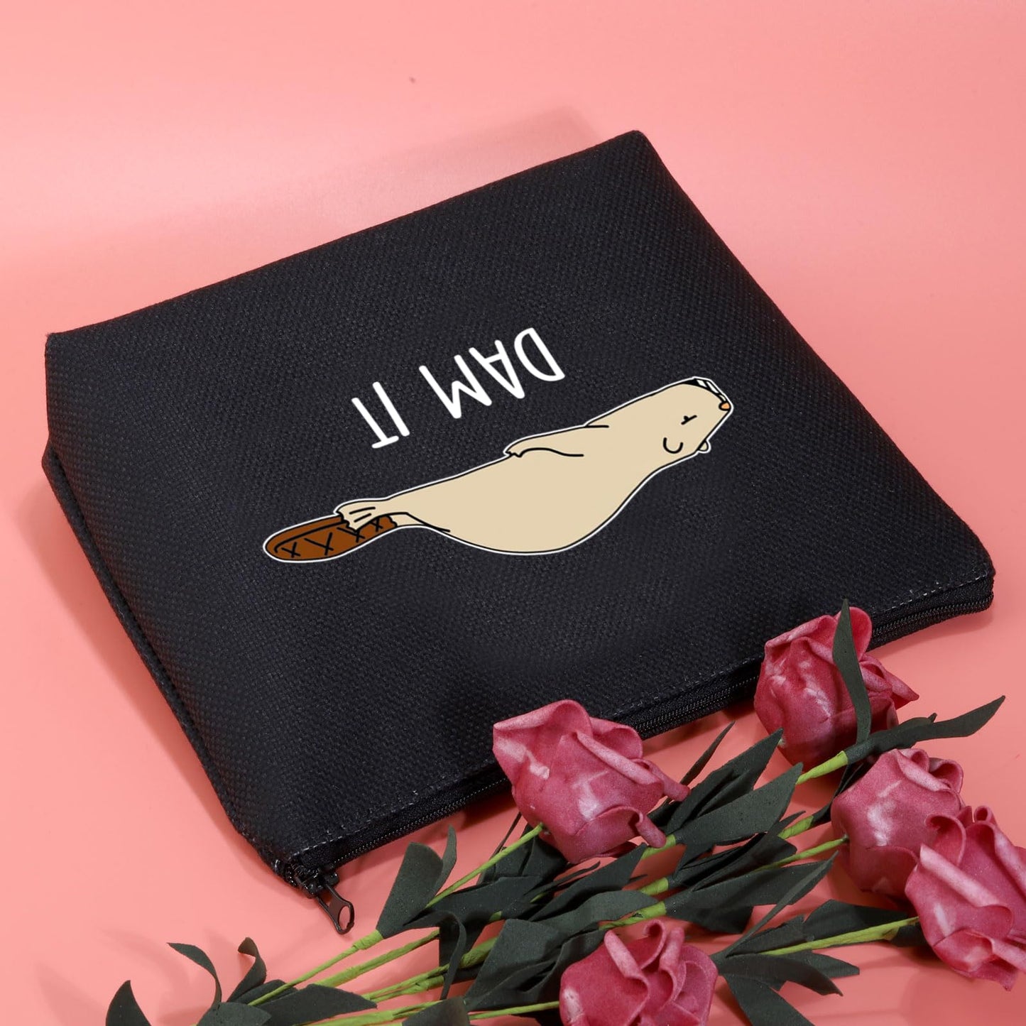 JXGZSO Funny Beaver Cosmetic Bag Beaver Lover Gift Rodent Beaver Dam It Makeup Pouch Bag (Dam It Black)