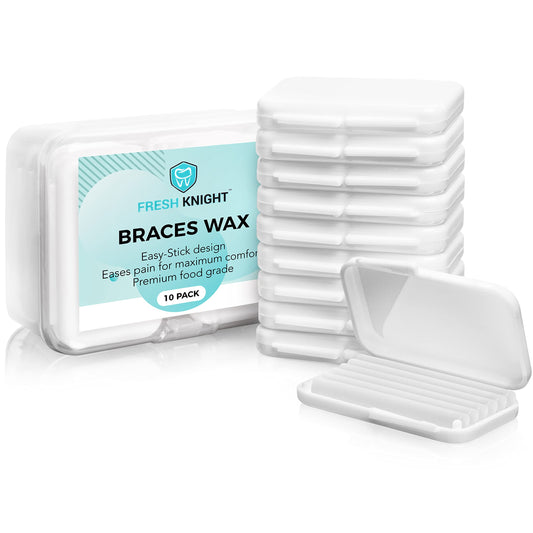 Braces Wax,10 Pack. Dental Wax for Braces & Aligners, Unscented & Flavorless - 50 Premium Orthodontic Strips. White Cases. Includes storage case. Food Grade ortho brace wax. Fresh Knight. (White)