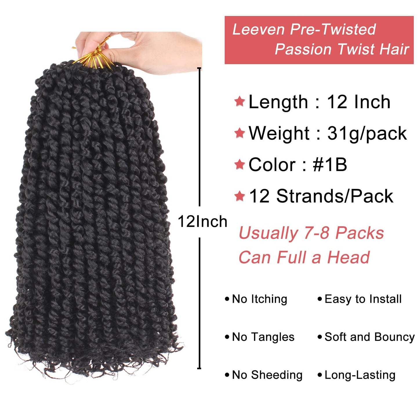 Leeven 12 Inch Pretwisted Passion Twist Hair 8 Packs Natural Black Pre Looped Bomb Water Wave Crochet Braids Hair Extensions Short Curly Synthetic Braiding Hair for Women (12 Strands/Pack #1B)