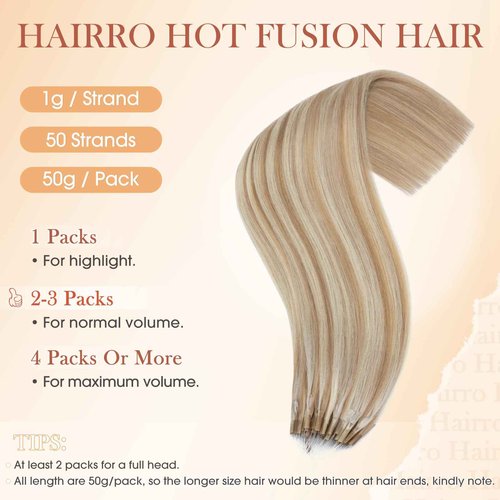 Hairro U Tip Human Hair Extensions Micro Ring Keratin Glue U-tip Hot Fusion Remy Hair Balayage Highlight Color 16 inch 50g 50 Strands #12P613 Golden Brown Mix Bleach Blonde