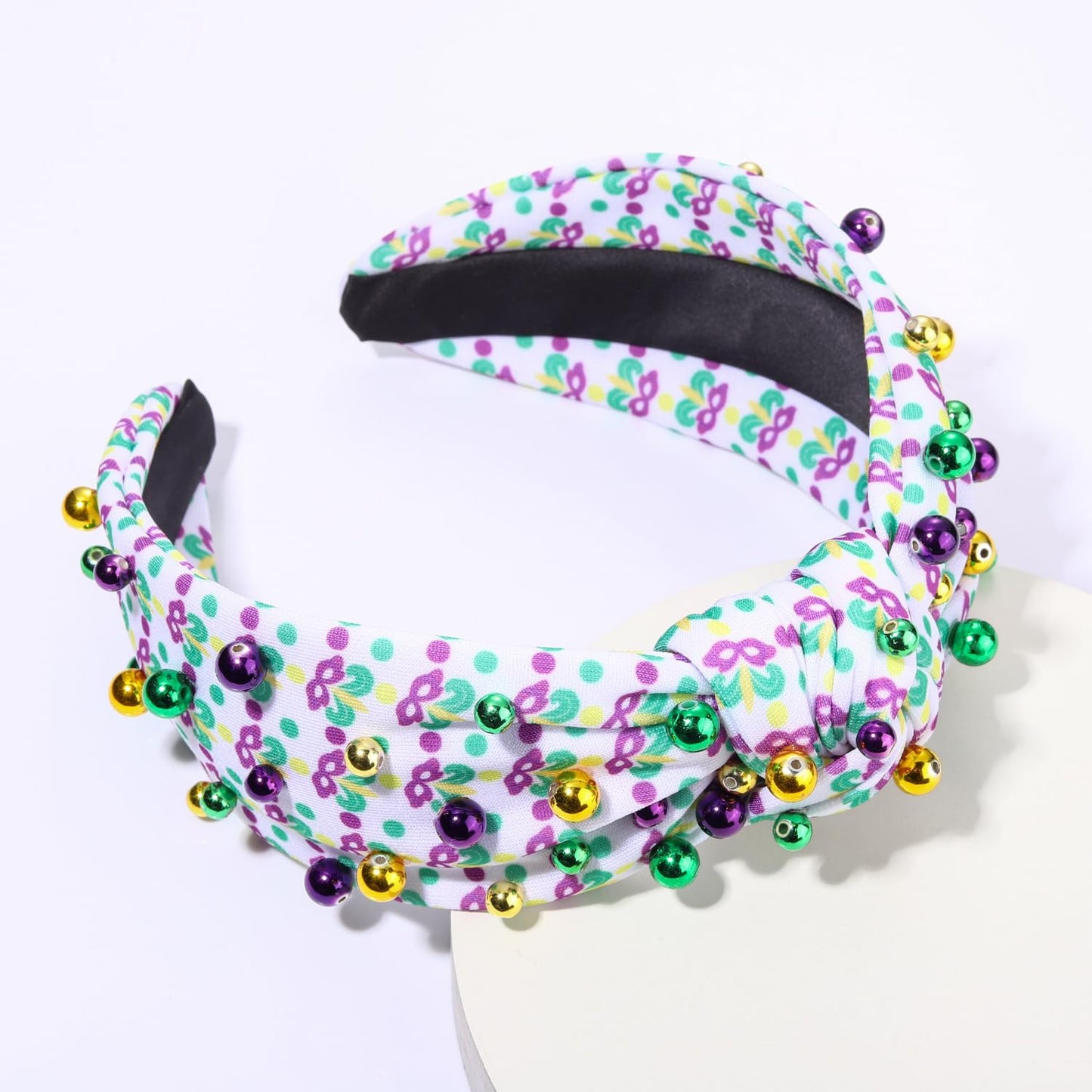 GLBCC Mardi Gras Headband for Women Purple Green Gold Beads Knotted Headband Accessories Mardi Gras Fleur De Lis Mask Head Band Carnival Parade Hair Accessories Gift