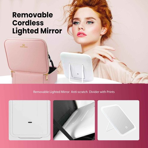 NHOPEJRJY Makeup Bag with Mirror and Light Travel Makeup Bag Makeup Train Case Cosmetic Organzier Portable Artist Bag with Adjustable Dividers Makeup Brushes Storage Organizer Gift for Women Pink
