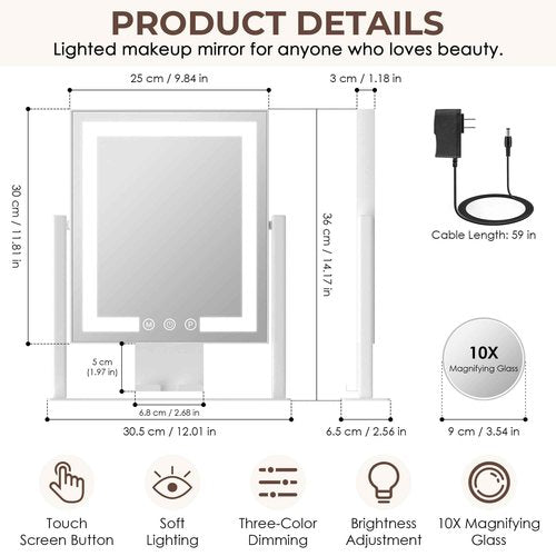 Kottova Lighted Makeup Mirror, Hollywood Vanity Mirror with Lights, Three Color Modes, Smart Touch Control, with Detachable 10X Spot Mirror, Metal Frame, 360° Rotation（14.1in,White）