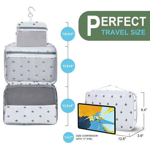 WOOMADA Toiletry Bag with Hanging Hook, Travel Toiletry Bag, Travel Makeup Bag, Cosmetic Organizer for Brushes Set, Shampoo, Full Sized Container for Women (cactus)