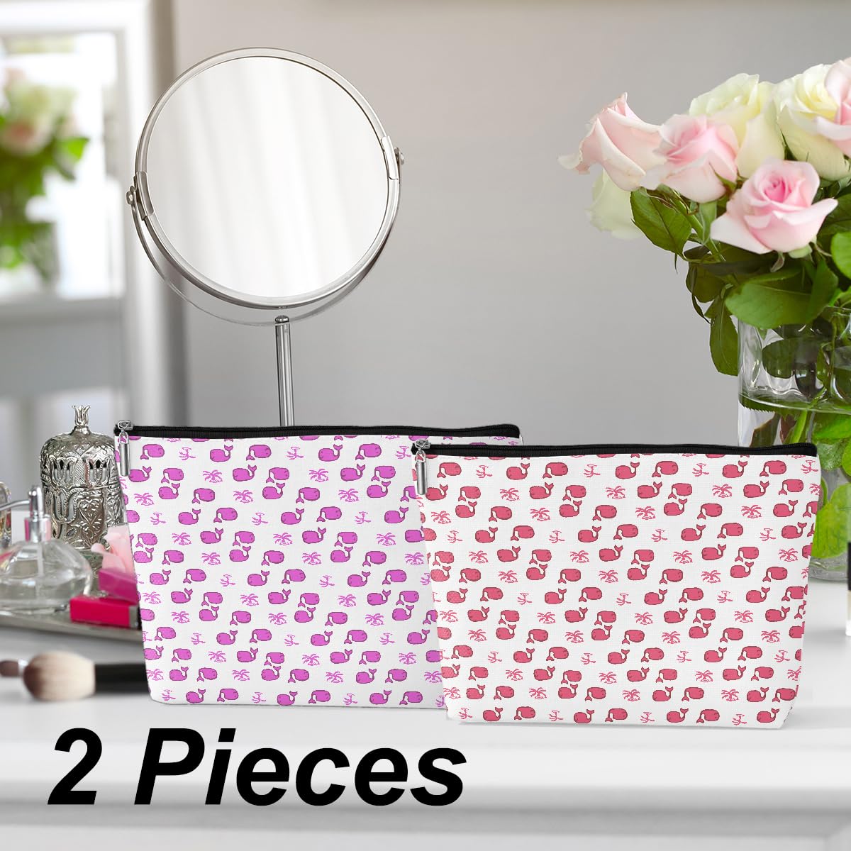 2 Pieces Preppy Stuff Preppy Makeup Bag Preppy Gifts for Women Female Teen Girls Whale Lover Friend Daughter Bestie Sister Niece Birthday Graduation Mothers Day Pink Purple Cosmetic Bag Travel Pouch