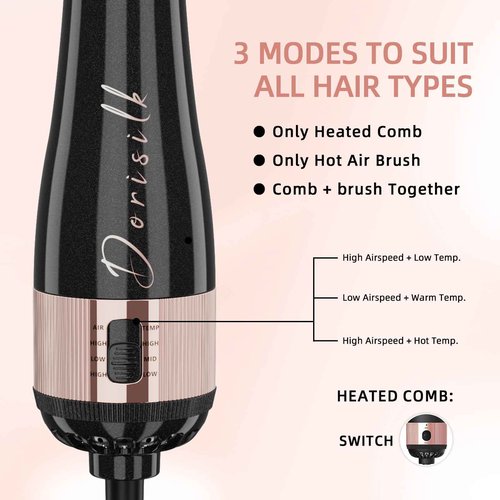 DORISILK 2.0 Upgraded Hair Dryer Brush Blow Dryer + Smooth Heated Comb, One Step Hot Air Brush Hair Straightener, 4 in 1 Blowout Hair Dryer and Styler Volumizer Straightener Curler, Rose Gold + Black