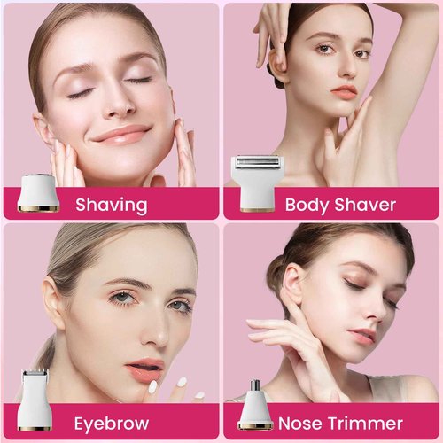 Electric Razors for Women, 5-in-1 Wet/Dry Bikini Trimmer with USB Charge Dock, Deluxe Facial Hair Removal, Wet/Dry Body Shaver for Nose Eyebrows Beard Underarm Leg Arm, IPX7 Waterproof (White)