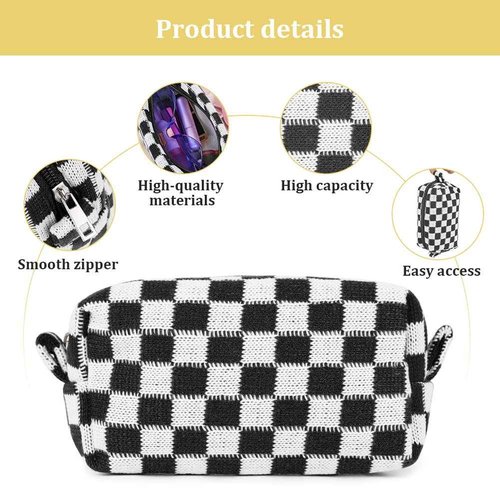 Aucuu 2 Pcs Checkered Makeup Bags, Portable Travel Toiletry Bag with Zipper, Makeup Bag Storage Cosmetic Bag for Women (Black&Light Brown)
