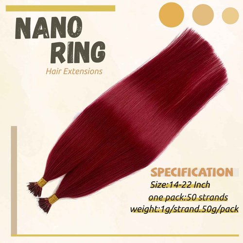 #99J Nano Tip Hair Extensions Human Hair for Women,Burgundy Nano Ring Hair Extensions 18 Inch Color #99J Wine Red Hair Extension 100% Natural Human Hair Extensions 50g/50s