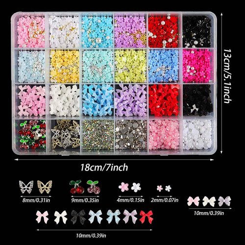Rungang 3200PCS 3D Nail Charms Set – Bulk Bow Nail & Flower Nail Charm, Flatback Pearls, Shiny Nail Jewels Gems for DIY Nail Art Decoration with Pickup Tools