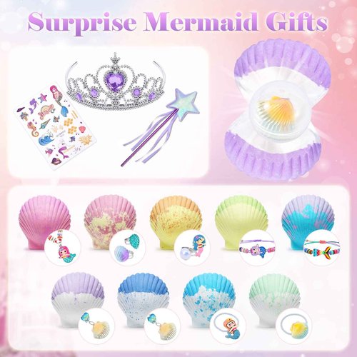 Tacobear Shell Bath Bombs for Kids Girls with Surprise Inside, 9Pcs Big Organic Natural Bubble Bath, Jewelry Set, Crown, Magic Wand, Sticker, Easter Basket Stuffers Mermaid Christmas Birthday Gift Toy