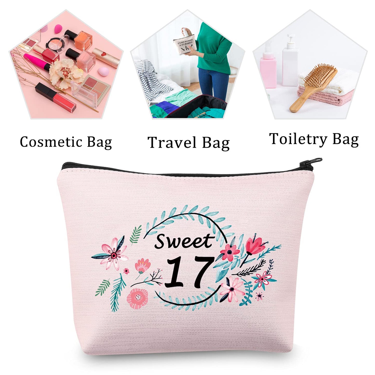 MBMSO Sweet 17 Makeup Bag Happy 17th Birthday Gift Bag 17 Year Old Gifts Inspirational Gifts always Remember You are Braver than You Believe (Sweet 17 pink)