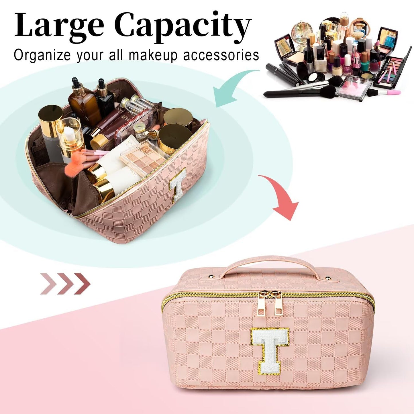 TOPEAST Travel Makeup Bag Gift for Women, Personalized Initial Makeup Bags Open Flat Checkered Cosmetic Bag Waterproof Leather Toiletry Bag with Strap Divider, S