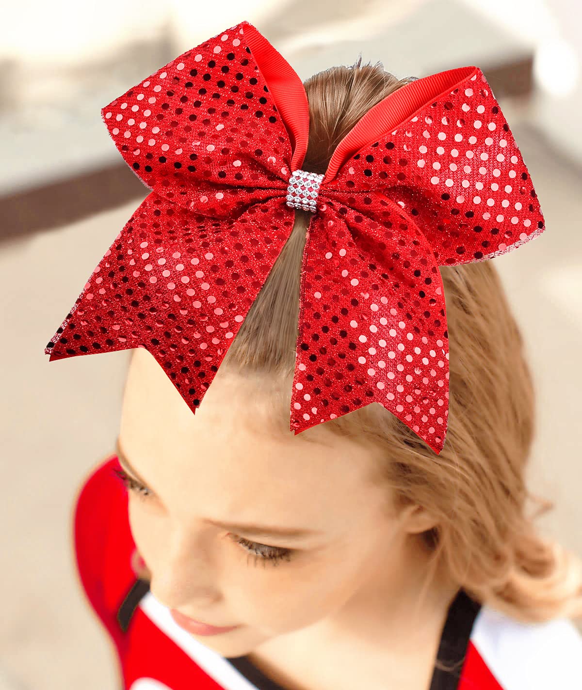 CEELGON Red Glitter Cheer Bow Bulk Large Hair Bows Breast Cancer 8inch for Toddler Girls Jumbo Cheerleading Ponytail Holder Team Gifts for Teen Hair Ribbons Softball Cheerleader Pack of 10