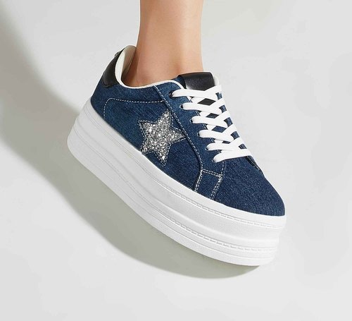 BELOS Fashion Platform Women Sneakers Faux Suede Stars Holographic Rainbow Walking Shoes (Denim Blue,7)