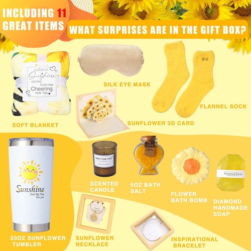 Sending Sunshine Care Package for Women-11 Pcs Sunflower Gifts.Get Well Soon Self Care Gifts Basket.Unique Women's Inspirational Relaxation Bath Set, Birthday Box for Gifts,CHEER HER UP! (Large Set)