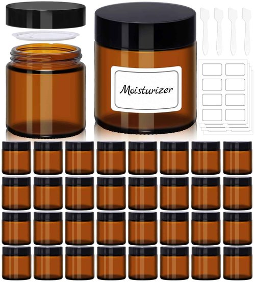 UPBUD 4 oz Amber Glass Jars with Lids - 32 Pack Brown Cosmetic Containers with Stickers & 4 Spoons, Wide-Round Smooth Mouth, Sealable for Creams, Essential Oils, Body Butter, Travel Samples