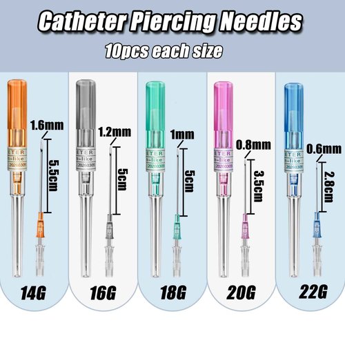 YONGDA Catheter Piercing Needles 50Pcs Mixed Sizes 14G 16G 18G 20G 22G - Professional Hollow Piercing Needles, 316L Stainless Steel Kit for Ear Nose Cartilage Lip Tongue Belly Navel Nipple