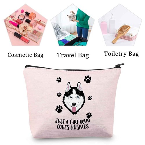 MBMSO Husky Makeup Bag Husky Lover Gifts for Women Just a G Who Loves Huskies Cosmetic Bag Siberian Husky Owner Gifts for Husky Mom Zipper Pouch Travel Case (Husky pink bag)