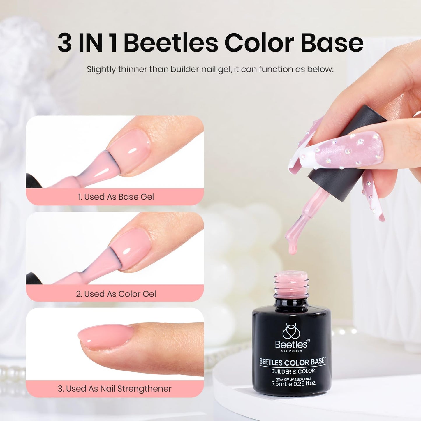 Beetles Builder Gel Nail Polish 12 Colors Nude Gel Polish 3 in 1, Porcelain Doll Pink Nail Polish Sheer Color Rubber Base Strengthener Soak Off U V Nail Art DIY Gift for Women