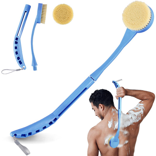 Back Scrubber for Shower, 20.5” Back Brush Long Handle for Shower, Detachable Body Exfoliator for Bath or Dry Brush for Elderly with Limited Arm Movement, Disabled (Blue)