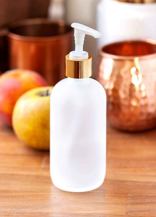 JUVITUS (4 pack) 8 oz Clear Frosted Glass Boston Round Bottle with Gold Lotion Pump