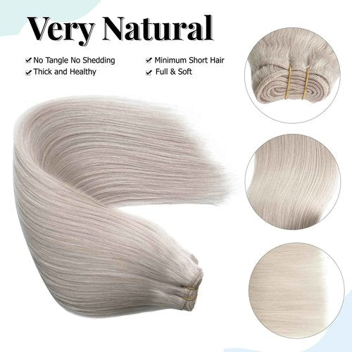 Sew in Hair Extensions Human Hair Weft Silvery Grey Hair Extensions Sew in Real Human Hair Invisible Weft Human Hair Colored Weaving Hair for Full Head 14inch 80g
