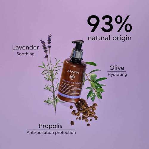Apivita Cleansing Foam | Hydrating & Soothing Cleansing Creamy Foam for Face & Eyes with Olive, Lavender & Propolis, 200 mL / 6.67 oz