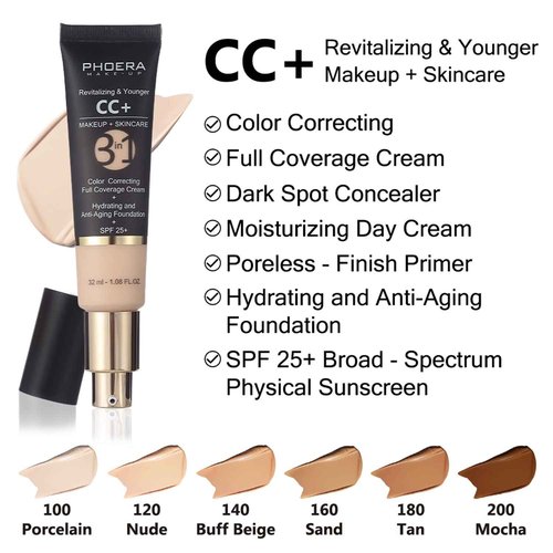 PHOERA CC+ Cream Color Correcting Anti Aging Hydrating Serum & SPF 25+, PHOERA Primer, Kabuki Makeup Brushes Foundation Brush Powder (103 Warm Peach+120 Nude)