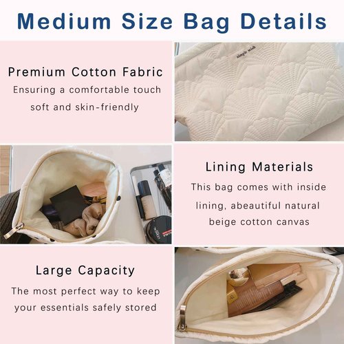 RSRSLEII 3Pcs Quilted Cotton Coquette Makeup bag, Coastal Granddaughter Aesthetic Cosmetic Bag, Cute Seashell Portable Travel Toiletry Pouch (08 3Pcs White)
